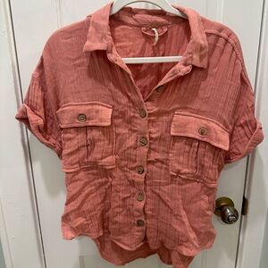 Free People Pink Boxy Short Sleeve Button Down Shirt